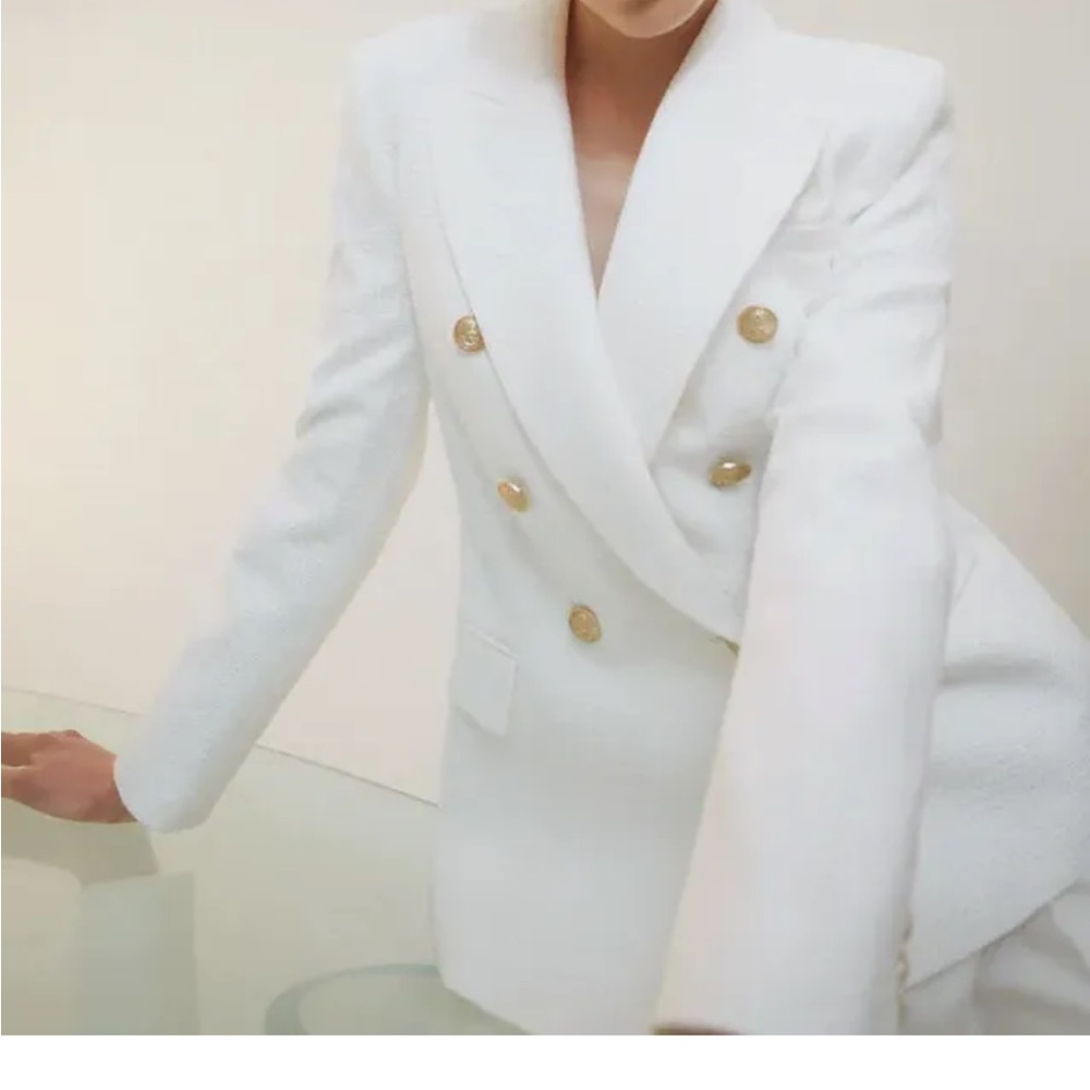 Zara White Textured Blazer with Gold Buttons